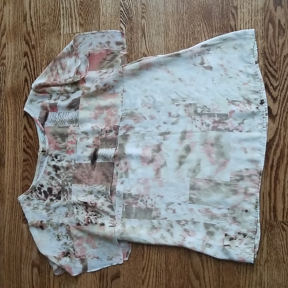 (S) Cleo Petites Satiny Feel Flowy Top with Sheer Overlay Detail Back Keyhole